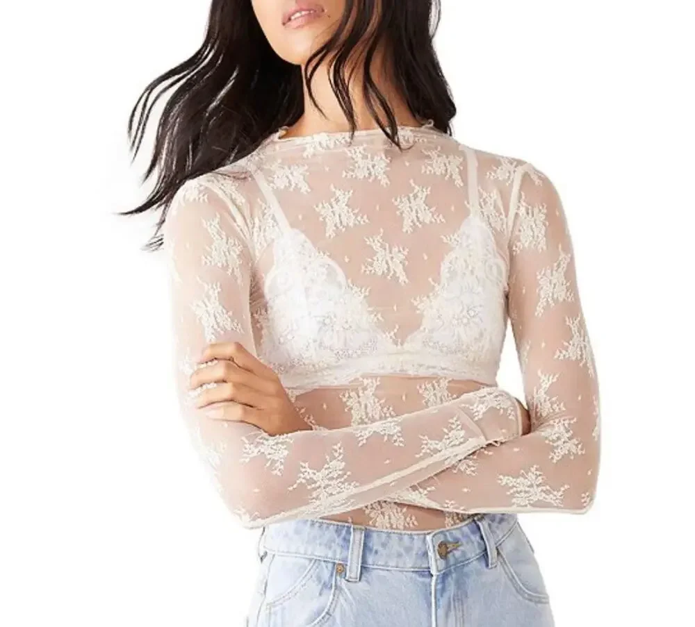 Free People Lux Sheer Mesh Mock Neck Floral Layering Top Evening Creme XS